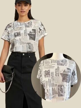 Elodie Newspaper-Print Short Sleeve Crop Top - White/Black
